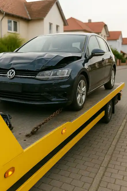 Ein defektes Fahrzeug wird zum Autoankauf in Buxtehude abgeschleppt, um seinen Restwert zu ermitteln.