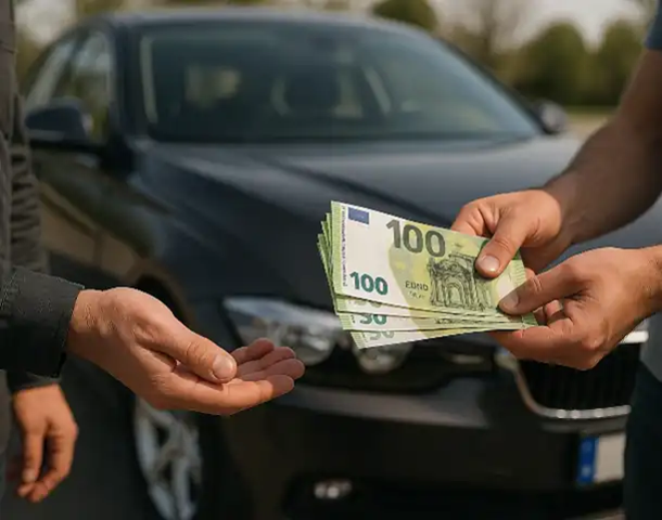 Ein erfolgreicher Barkauf beim Autoankauf in Buxtehude, bei dem der Verkäufer zufrieden das Geld entgegennimmt.
